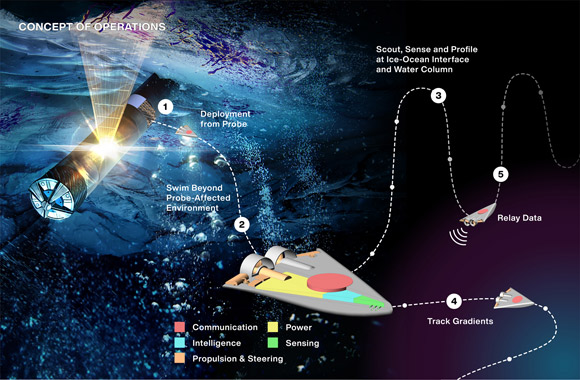 In the SWIM concept, dozens of small robots would descend through the icy shell of a distant moon via a cryobot to the ocean below. Image credit: NASA / JPL-Caltech.